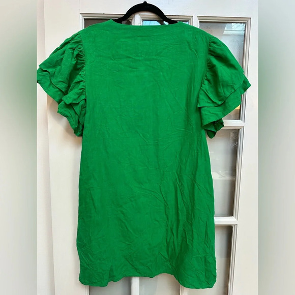 Fanm Mon 100% Linen Weave Snap Placket Short Flutter Sleeves Dress Size Medium M - Picture 5 of 12